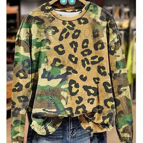 Multicolor Casual Women's Camo &Leopard Print Round Neck Long Sleeve Sweatshirt - Picture 2 of 3